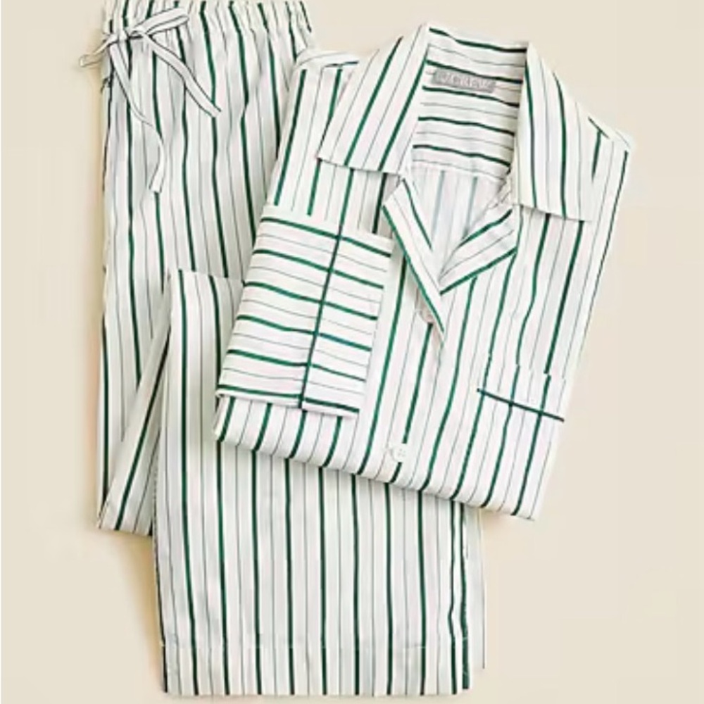 NWT J. Crew cotton, Poplin long sleeve striped pajama set green and white small